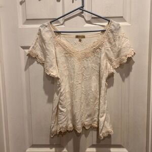 Democracy Ivory Lace Embroidered Square Neck‎ Flutter Sleeve Top Women's Small
